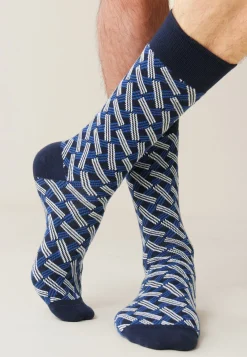 Le slip français Chaussettes En Coton|Chaussettes En Coton<Chaussettes mi-hautes-Lucas Imprimé Diagonale Marine Bleu