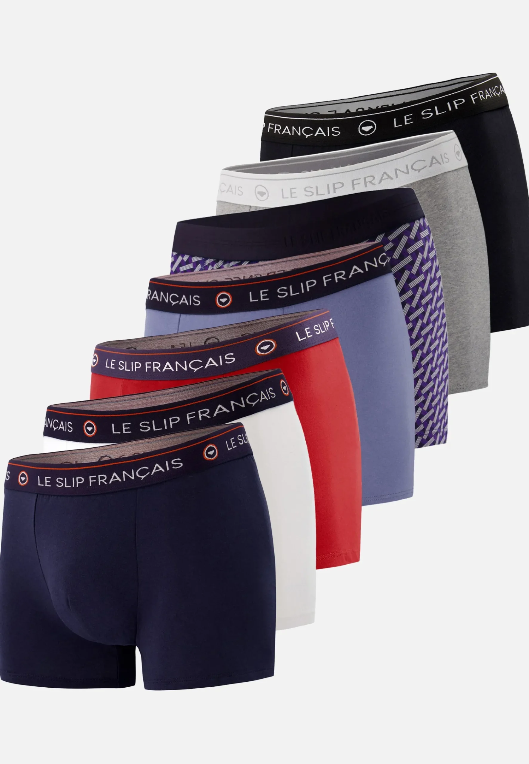 Le slip français Collection Cadeaux|Packs De Boxers<Sept boxers en coton-Pack Semainier Boxer Redoutable Marine Rouge Bleu Jean Gris Noir Marius Diagonale Blanc